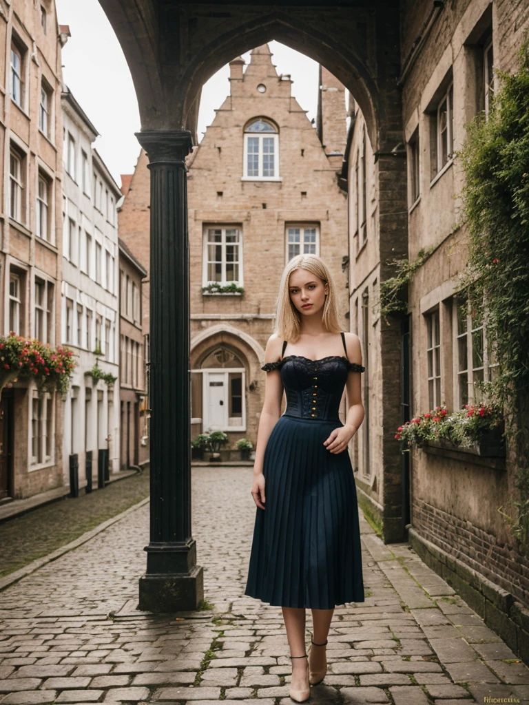 her name is Marie, high quality, 1girl, ((20-year-old fit Caucasian woman)), ((20 years old)), ((fit)), ((pale skin tone)), medium length straight blonde hair , wearing Lace-Up Corset Top + High-Waisted Pleated Skirt, pose: standing, background: Detail the picturesque streets of Bruges, Belgium, where cobblestone lanes, historic buildings, and serene canals create a postcard-perfect scene.