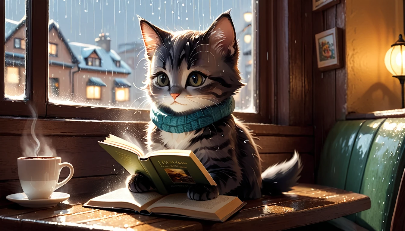 It's raining outside, a scene of a warm-looking cafe, an anthropomorphized kitten is reading a book while drinking hot chocolate on a window seat, the warm light and calm expression are impressive