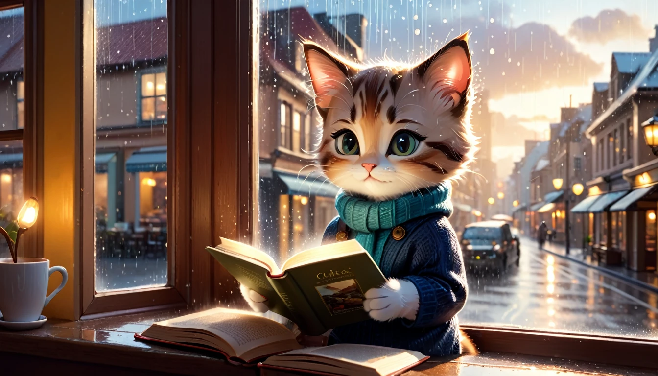 It's raining outside, a scene of a warm-looking cafe, an anthropomorphized kitten is reading a book while drinking hot chocolate on a window seat, the warm light and calm expression are impressive