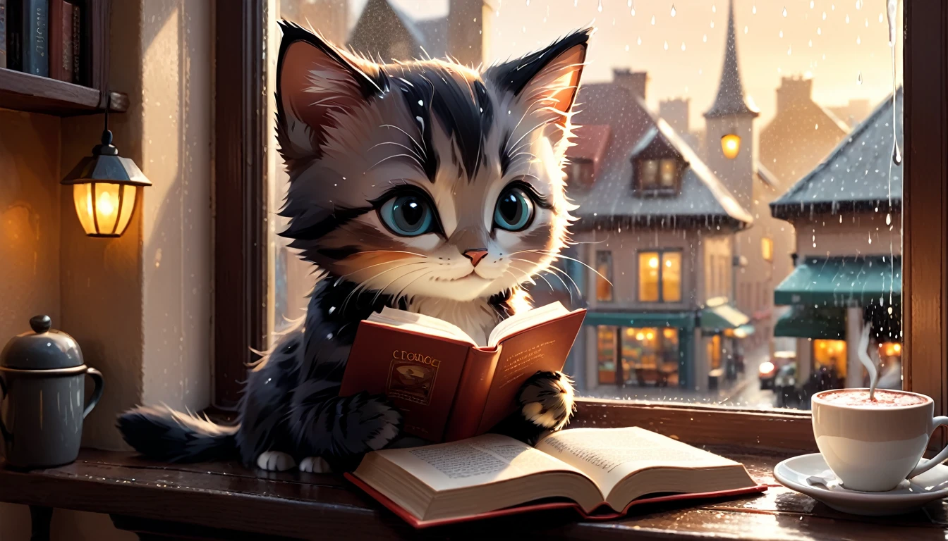 It's raining outside, a scene of a warm-looking cafe, an anthropomorphized kitten is reading a book while drinking hot chocolate on a window seat, the warm light and calm expression are impressive