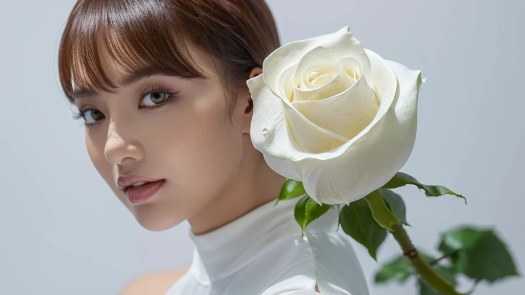 (((a white rose))),(detailed face),VIVID,pretty,sleeveless and turtle neck white silky clothes,4k ,super high resolution ,(photo-realistic: 1.7), white background,long hair,