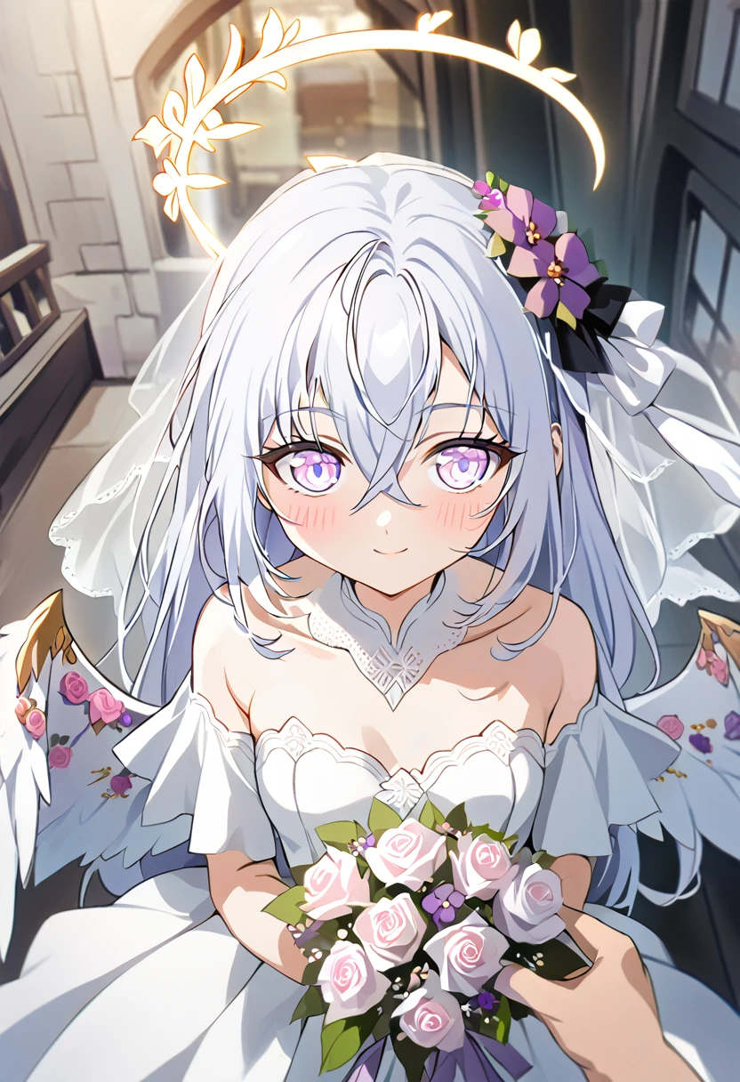 azusa \(blue archive\),1girl 1other alternate_costume angel_wings bare_shoulders blush bouquet breasts bridal_veil bride cleavage closed_mouth collarbone dress feathered_wings flower hair_between_eyes halo holding holding_bouquet jewelry long_hair looking_at_viewer medium_breasts necklace out_of_frame pink_flower pink_rose pov pov_hands purple_eyes rose solo_focus strapless strapless_dress veil very_long_hair wedding_dress white_dress white_flower white_hair white_rose white_wings wings small_breasts smile close_eyes