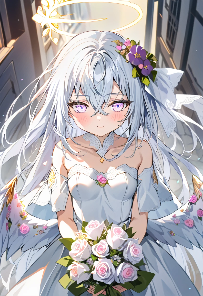 azusa \(blue archive\),1girl 1other alternate_costume angel_wings bare_shoulders blush bouquet breasts bridal_veil bride cleavage closed_mouth collarbone dress feathered_wings flower hair_between_eyes halo holding holding_bouquet jewelry long_hair looking_at_viewer medium_breasts necklace out_of_frame pink_flower pink_rose pov pov_hands purple_eyes rose solo_focus strapless strapless_dress veil very_long_hair wedding_dress white_dress white_flower white_hair white_rose white_wings wings small_breasts smile close_eyes