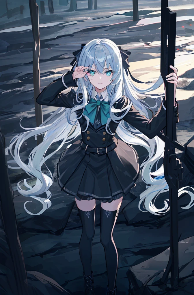 deep cave background,original,(illustration:1.1),(best quality),(masterpiece:1.1),(extremely detailed CG unity 8k wallpaper:1.1), (colorful:0.9),(mid shot:0.95),(highly detailed beautiful face and body),(solo:1.2), (girl),(((adult))), (detailed beautiful eyes:1.15), (beautiful face:1.15), (glowing green eyes:1.25////),((jewel-like eyes)),(petite),(cute girl),(((blue long hair))),((blue long hair)),(wavy hair),((wavy hair)),(+perfect hand+:1.21),(gothic school uniform),(Religious),(slender),(black clothes),(gothic ribbon),ribbon tie,small breasts,miniskirt,gothic boots,black thighhighs,slim body,(evil smile),detailed background,eluding,erotic thighs,((look up to)),((stand ready for enemy attack)),deep in the cave,angle from slightly above,