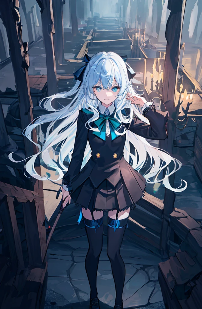 deep cave background,original,(illustration:1.1),(best quality),(masterpiece:1.1),(extremely detailed CG unity 8k wallpaper:1.1), (colorful:0.9),(mid shot:0.95),(highly detailed beautiful face and body),(solo:1.2), (girl),(((adult))), (detailed beautiful eyes:1.15), (beautiful face:1.15), (glowing green eyes:1.25////),((jewel-like eyes)),(petite),(cute girl),(((blue long hair))),((blue long hair)),(wavy hair),((wavy hair)),(+perfect hand+:1.21),(gothic school uniform),(Religious),(slender),(black clothes),(gothic ribbon),ribbon tie,small breasts,miniskirt,gothic boots,black thighhighs,slim body,(evil smile),detailed background,eluding,erotic thighs,((look up to)),((stand ready for enemy attack)),deep in the cave,angle from slightly above,