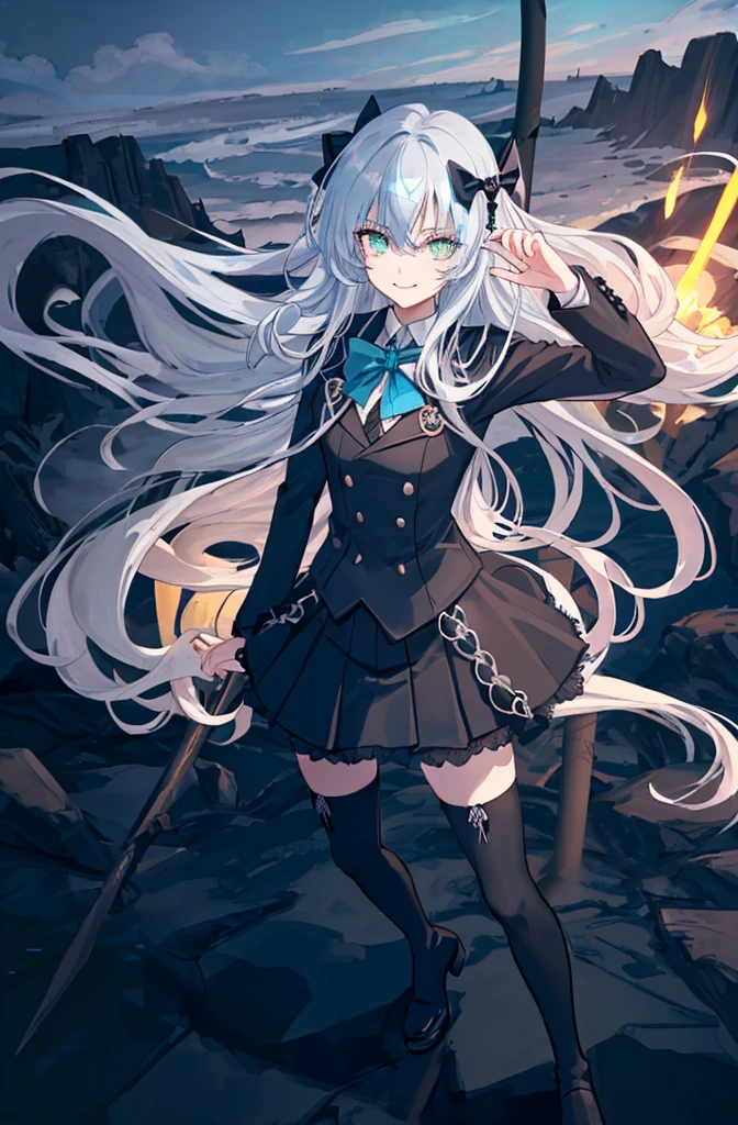 deep cave background,original,(illustration:1.1),(best quality),(masterpiece:1.1),(extremely detailed CG unity 8k wallpaper:1.1), (colorful:0.9),(mid shot:0.95),(highly detailed beautiful face and body),(solo:1.2), (girl),(((adult))), (detailed beautiful eyes:1.15), (beautiful face:1.15), (glowing green eyes:1.25////),((jewel-like eyes)),(petite),(cute girl),(((blue long hair))),((blue long hair)),(wavy hair),((wavy hair)),(+perfect hand+:1.21),(gothic school uniform),(Religious),(slender),(black clothes),(gothic ribbon),ribbon tie,small breasts,miniskirt,gothic boots,black thighhighs,slim body,(evil smile),detailed background,eluding,erotic thighs,((look up to)),((stand ready for enemy attack)),deep in the cave,angle from slightly above,