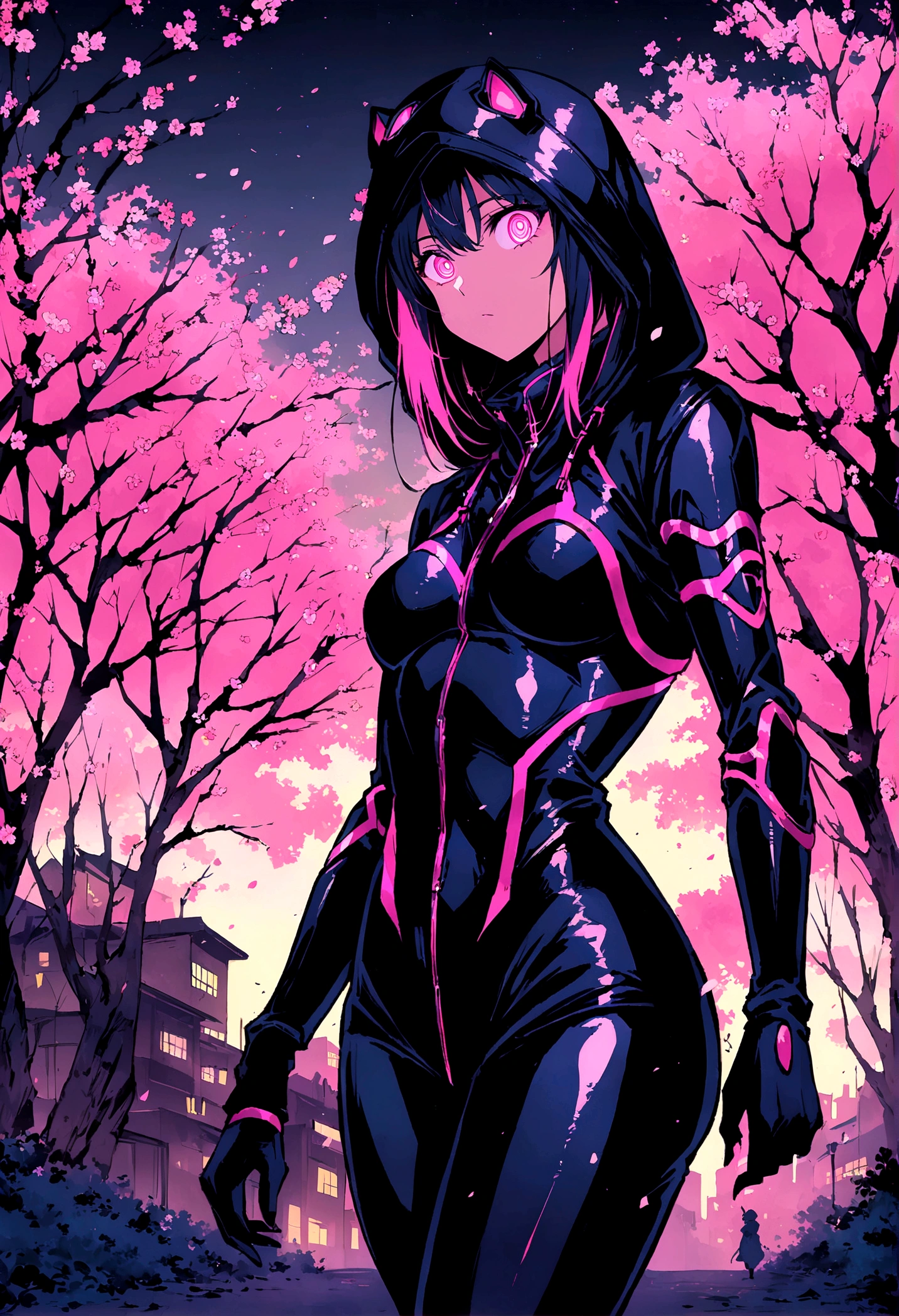 Neon, (Girl dressed in a dark black ninja suit with a hood.), Leather suit, suit that emanates bright pink light, bright pink eyes, very detailed eyes, by white, perfect anatomy, ((Japanese cherry trees in the background)), The trees have luminous leaves and fall with the breeze., bright, (Neon lights stick out of the suit.), evening, nocturnal. high image quality, 8k, High Definition, intricate, very detailed image, very sharp, Neon luminoso, epic anime style