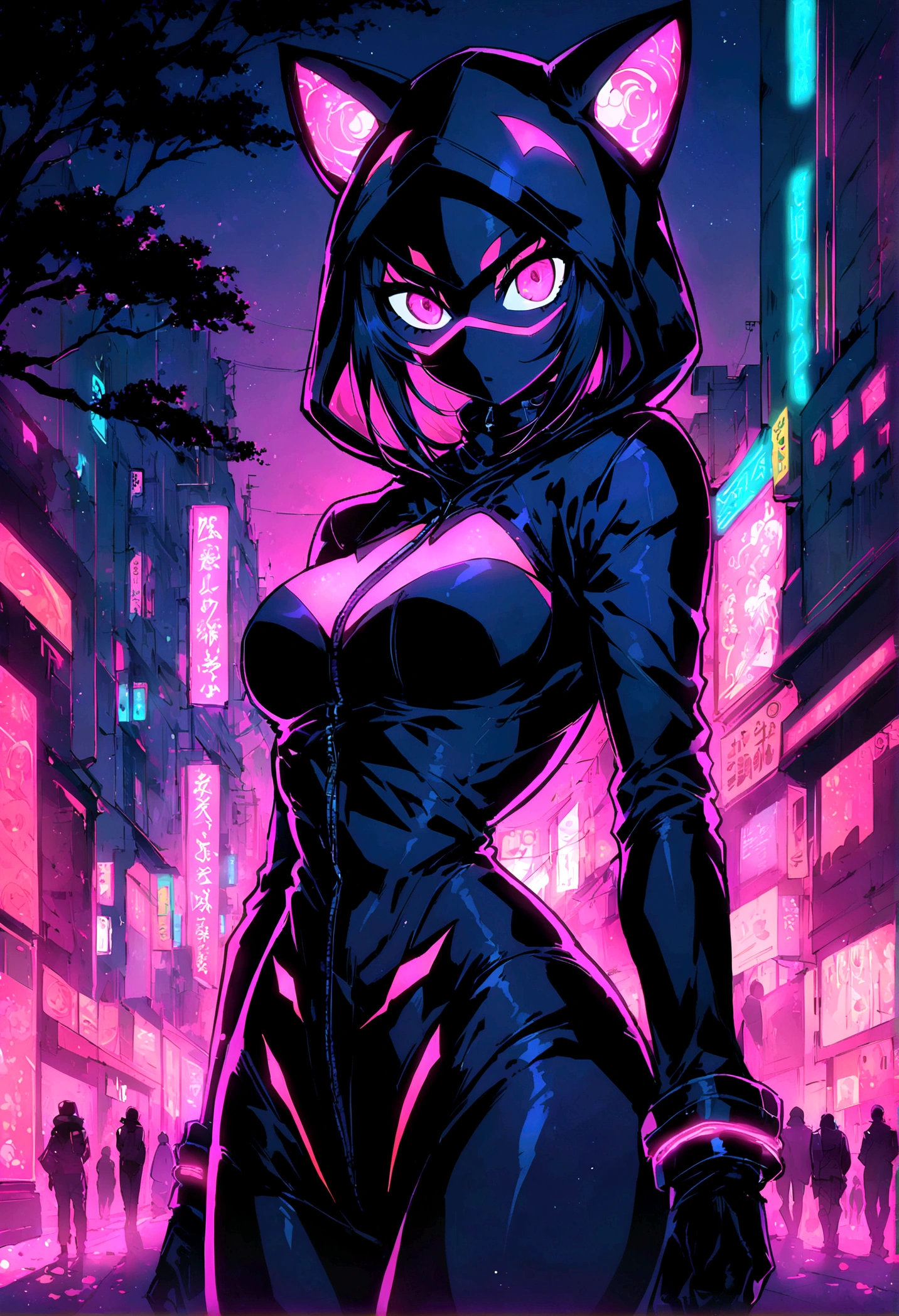 Neon, (Girl dressed in a dark black ninja suit with a hood.), Leather suit, suit that emanates bright pink light, bright pink eyes, very detailed eyes, by white, perfect anatomy, ((Japanese cherry trees in the background)), The trees have luminous leaves and fall with the breeze., bright, (Neon lights stick out of the suit.), evening, nocturnal. high image quality, 8k, High Definition, intricate, very detailed image, very sharp, Neon luminoso, epic anime style