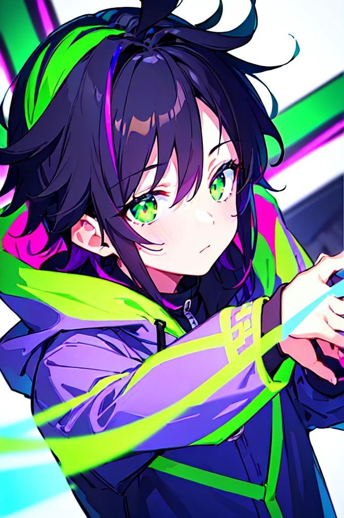 [(WHITE BACKGROUND:1.5),::5], ((((masterpiece)))), high quality, ultra very high resolution, full color, (((solo))), (()), black hair, ((purple streaked hair)), (green eyes), anime, ((upper body)), neon light, black parka, (green flame effect:1.2)