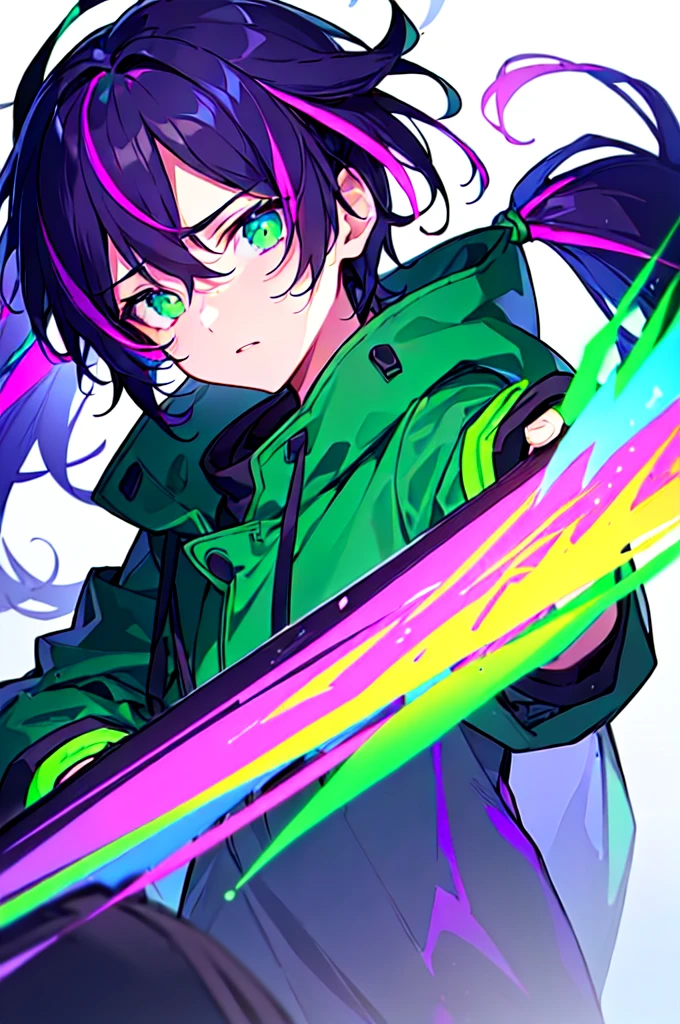[(WHITE BACKGROUND:1.5),::5], ((((masterpiece)))), high quality, ultra very high resolution, full color, (((solo))), ((little boy)), black hair, ((purple streaked hair)), (green eyes), anime, ((upper body)), neon light, black parka, (green flame effect:1.2)