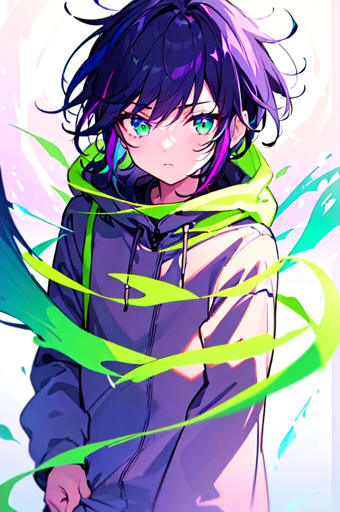 [(WHITE BACKGROUND:1.5),::5], ((((masterpiece)))), high quality, ultra very high resolution, full color, (((solo))), (()), black hair, ((purple streaked hair)), (green eyes), anime, ((upper body)), neon light, black parka, (green flame effect:1.2)