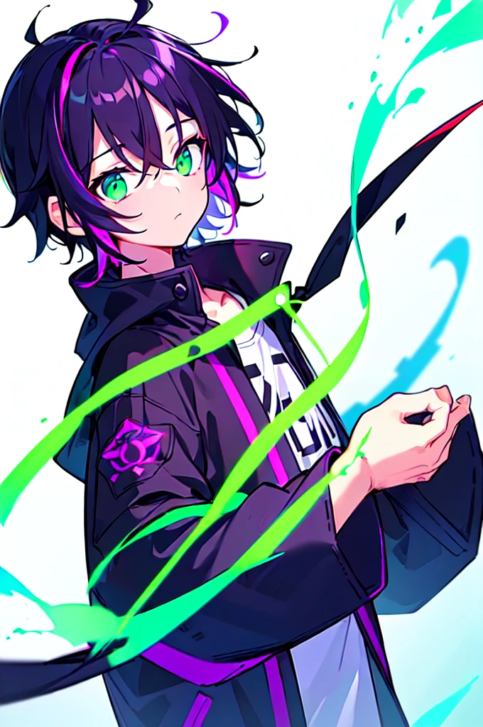 [(WHITE BACKGROUND:1.5),::5], ((((masterpiece)))), high quality, ultra very high resolution, full color, (((solo))), ((little boy)), black hair, ((purple streaked hair)), (green eyes), anime, ((upper body)), neon light, black parka, (green flame effect:1.2)