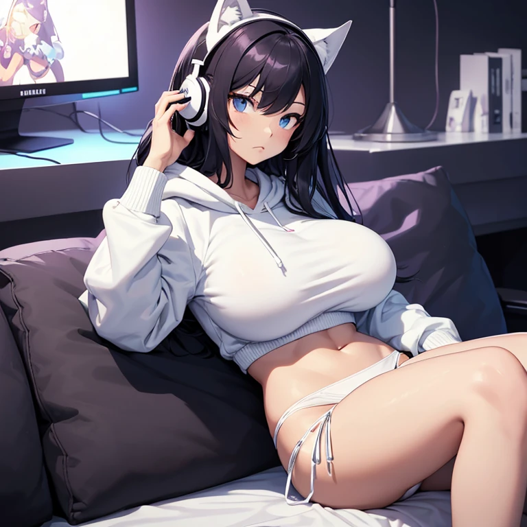 Superflat, Flat Shading, Flat Color, close, Low Angle, Wide-angle, One Girl， 19 years old, Asian, Gamer Girl, Oversized Hoodie, Cat Ear Headset, serious face, playing video games on handphone, (huge breasts:1.4), (White panties:1.4),  Sitting on Sofa，At Night，dark，Vibrant colors，