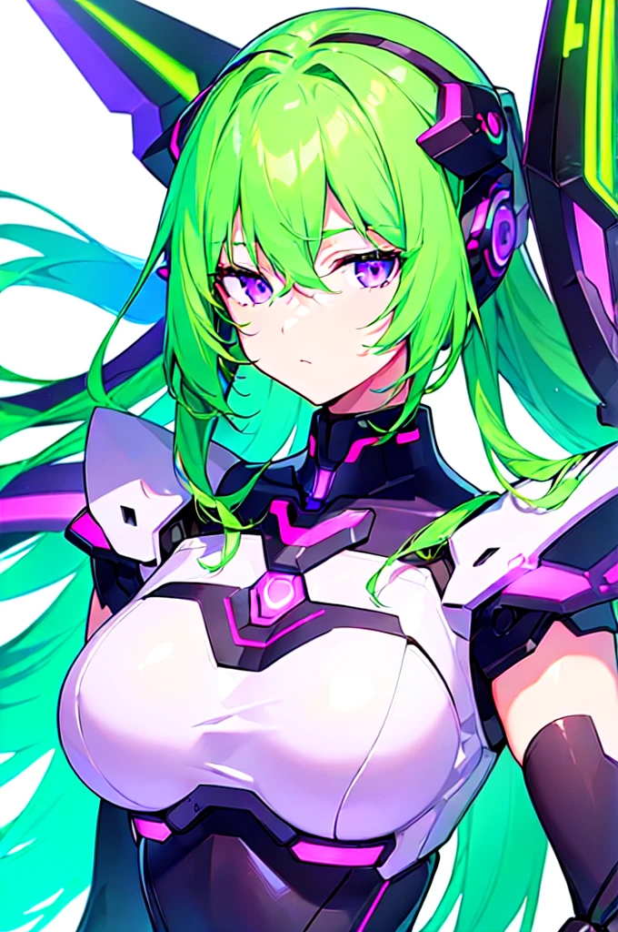 [(WHITE BACKGROUND:1.5),::5], ((((masterpiece)))), high quality, ultra very high resolution, full color, (((solo))), ((Mecha musume)), Mecha girl, ((Green hair)), (Purple eyes), anime, upper body, neon light, cyborg body, (Purple neon effect:1.2)