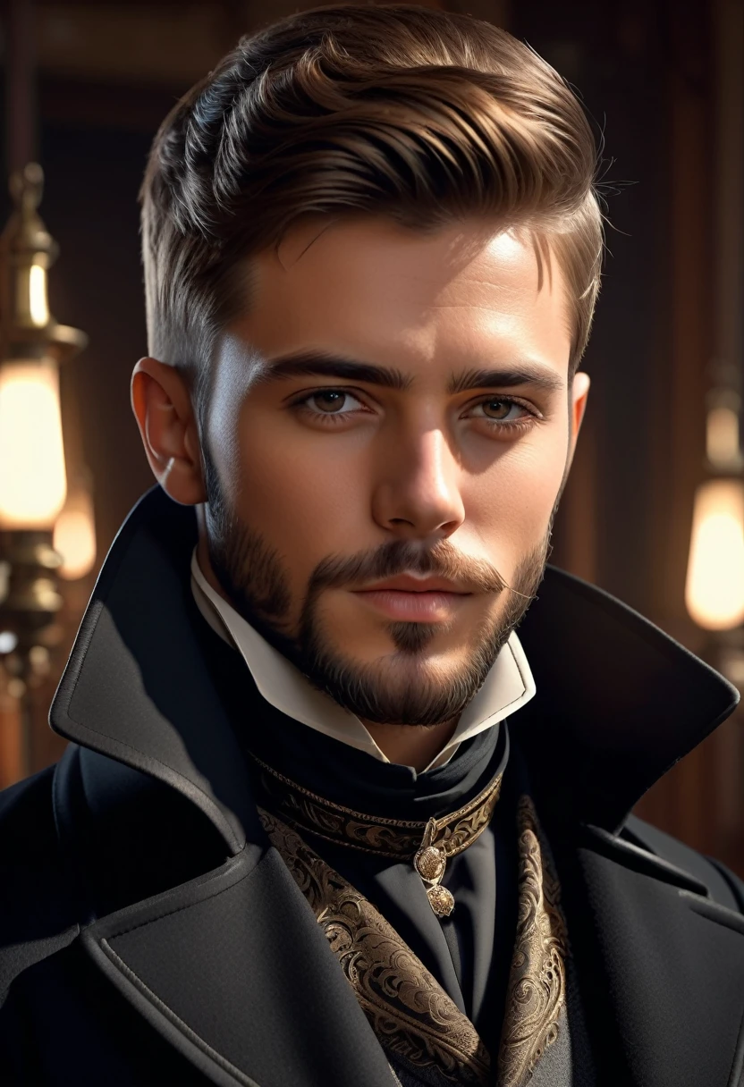 1 young boy, foto de cowboy de re8dfield, Barba, facial hair, black greatcoat, high collar, volumetric lighting, best qualityer, work of art, details Intricate, tone mapping, sharp focus, hyper detailled, trends on artstation, gazing at viewer, realisitic