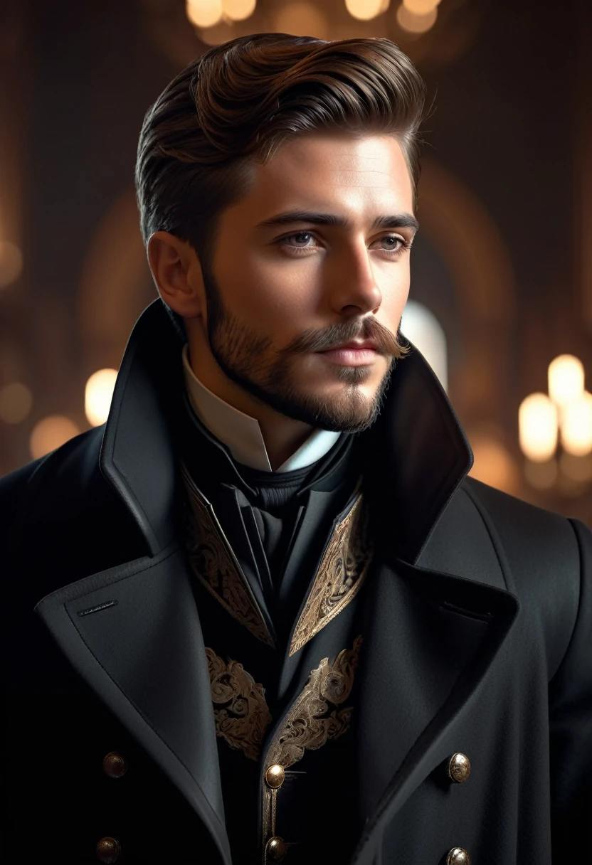 ung boy, foto de cowboy de re8dfield, Barba, facial hair, black greatcoat, high collar, volumetric lighting, best qualityer, work of art, details Intricate, tone mapping, sharp focus, hyper detailled, trends on artstation, gazing at viewer, realisitic