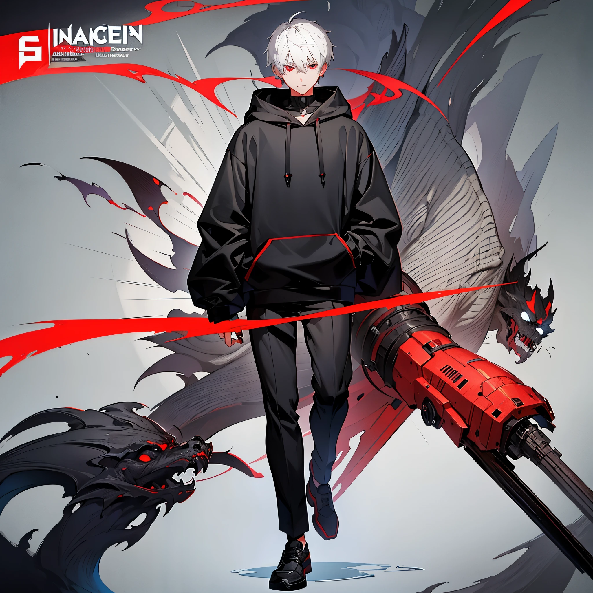 A young man with short white hair, red eyes, masculine face. Wearing a black hoodie with gray details. He is standing, looking to the side. On a center of a city. Dungeons and Dragons art direction, studio ghibli Style