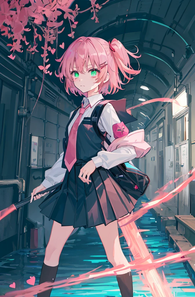 [(underground waterway background:1.4)::5],Original,(Illustration:1.1),(Best Quality),(masutepiece:1.1),(the Extremely Detailed CG Unity 8K Wallpapers:1.1), (Colorful:0.9),(mid-shot:0.95),(very detailed beautiful face and eyes),(Solo:1.2), (((girl))),(()), (Detailed beautiful eyes:1.15), (Beautiful face:1.15), (Glowing green eyes:1.25////),(((Pink short hair))),((two side up)),(Pink ribbon),(red necktie),(+perfect hand+:1.21),(Draw an illustration of a loli girl),(udent clothes),Long sleeve,(bulging sleeves),fluffy hair,Elementary schtature,Buriko,Ruffled uniforms,hair clips,Ridicule,(heart mark),(Religious),(slender),Shady face,Lori,furious face,underground waterway,((dark place)),