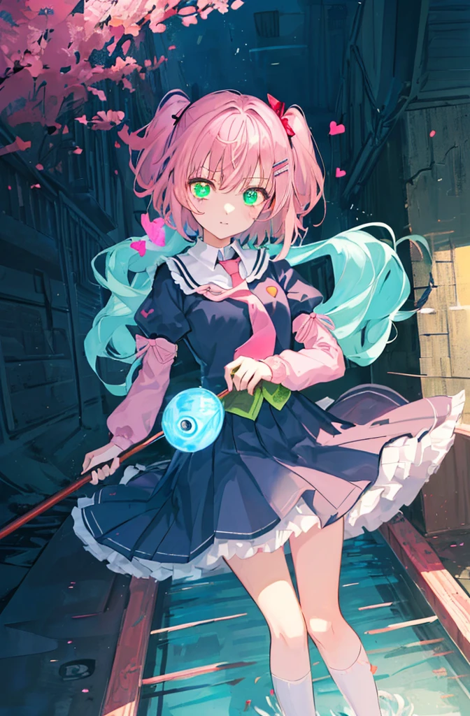 [(underground waterway background:1.4)::5],Original,(Illustration:1.1),(Best Quality),(masutepiece:1.1),(the Extremely Detailed CG Unity 8K Wallpapers:1.1), (Colorful:0.9),(mid-shot:0.95),(very detailed beautiful face and eyes),(Solo:1.2), (((girl))),((14 years old)), (Detailed beautiful eyes:1.15), (Beautiful face:1.15), (Glowing green eyes:1.25////),(((Pink short hair))),((two side up)),(Pink ribbon),(red necktie),(+perfect hand+:1.21),(Draw an illustration of a loli girl),(student clothes),Long sleeve,(bulging sleeves),fluffy hair,Elementary school girls,Short stature,Buriko,Ruffled uniforms,hair clips,Ridicule,(heart mark),(Religious),(slender),Shady face,Lori,furious face,underground waterway,((dark place)),