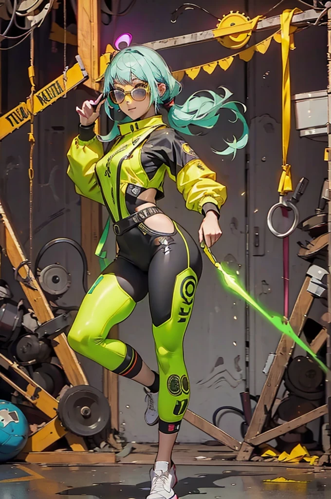 White workwear jumpsuit、Costume with glowing yellow-green linesを着た女性, cyber punk, Hard Rock Metal, Mosh Pit, (Highest quality,4K,8K,High resolution,masterpiece:1.2),Live Stage、Costume with glowing yellow-green lines、Large sunglasses,Punkish hairstyle、Full body portrait、dynamic dancing
