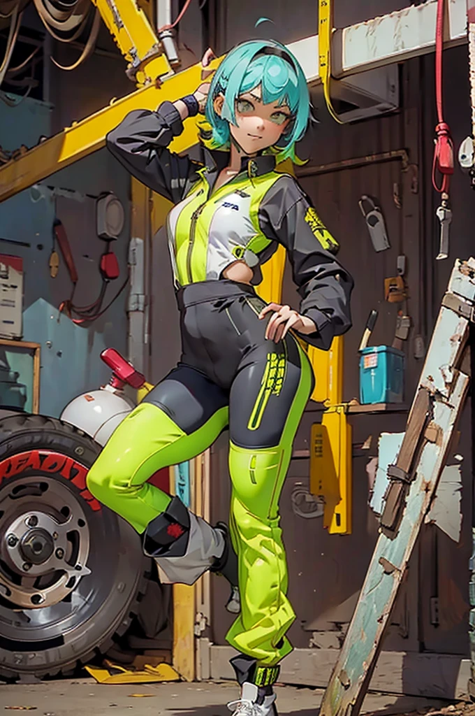 White workwear jumpsuit、Costume with glowing yellow-green linesを着た女性, cyber punk, Hard Rock Metal, Mosh Pit, (Highest quality,4K,8K,High resolution,masterpiece:1.2),Live Stage、Costume with glowing yellow-green lines、Large sunglasses,Punkish hairstyle、Full body portrait、dynamic dancing
