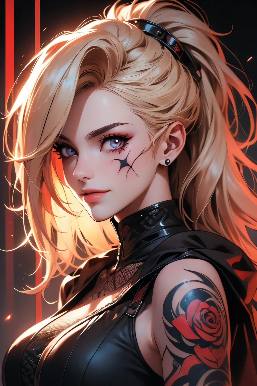 perfil portrait image of a woman with long light blond, streaked with red and black highlights and black curly hair, red eyes, she wears social clothes and have a lot of ((tattoos on her body)). She is smiling like a villain, with a moon tattooed on her face, she is on a dark city scenery, symmetrical face, ((symmetric eyes)), high contrast, digital art trend on Artstation 8k HD high definition detailed realistic , hiper detalhado