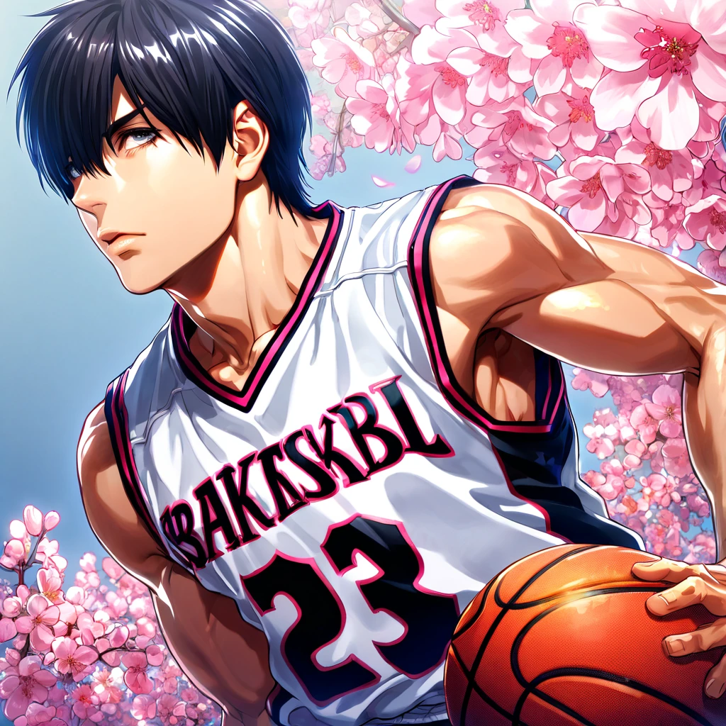 absurdres, highres, ultra detailed, HDR, master piece, best quality, Himuro Tatsuya, black hair, expressive gray eyes, hair over the right eye, Kuroko No Basket, solo, sexy man, handsome, basketball white uniform, fantasy, shining, pink flowers, pink blossoms, pink petals, the name Krozerus written on the shirt