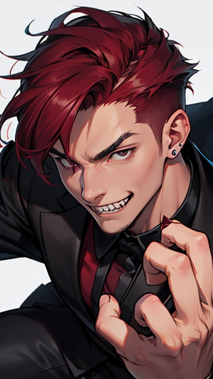 High detailed, a 22 yo's Guy, burgundy colored hair, Black eyes, medium musculature, Sharp teeth, psycho face, psycho smile, Sharp nails, Black tuxedo