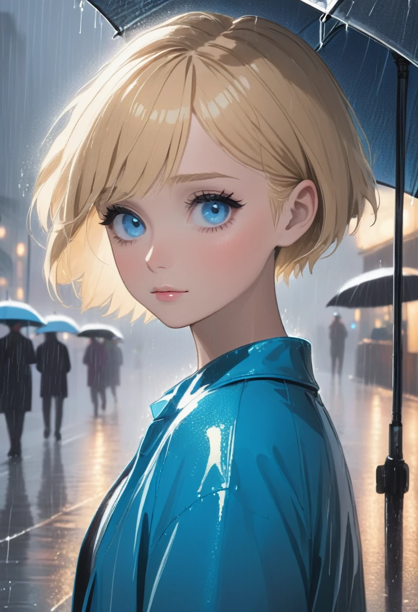 Girl, very short blonde hair, blue eyes, wearing a simple , in the rain.