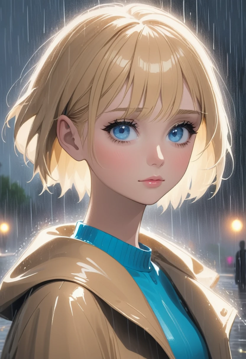 Girl, very short blonde hair, blue eyes, wearing a simple , in the rain.