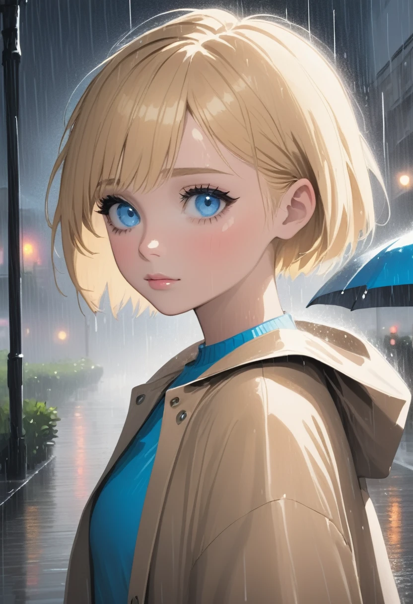 Girl, very short blonde hair, blue eyes, wearing a simple , in the rain.