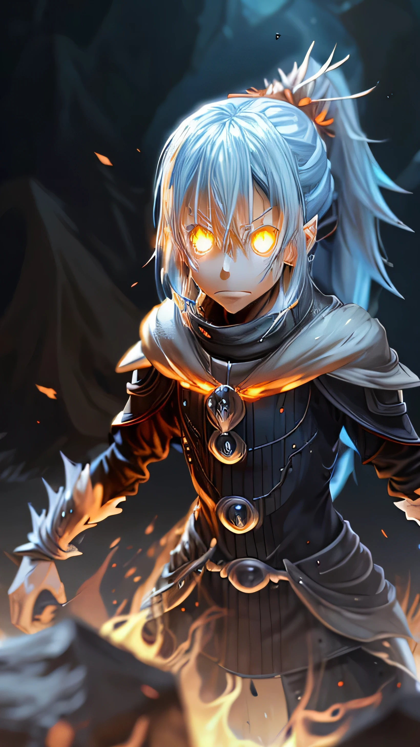 tensei shitara slime datta ken, Rimuru Tempest, silver Hair, anime art style, tensei shitara limo datta ken, 2D anime style, reincarnated as a slime, bright fiery eyes, bright orange eyes, Bright ember eyes, burning eyes, red eyes of fire, wallpaper, 4 k manga wallpaper, animated badass 8k, 4k animado wallpaper, animated epic artwork, hd anime wallaper, anime wallaper, animated style 4k, ultra hd animado wallpaper, animado wallpaper 4k, animado wallpaper 4 k, epic animated style, mitz vah art style, detailed animated art