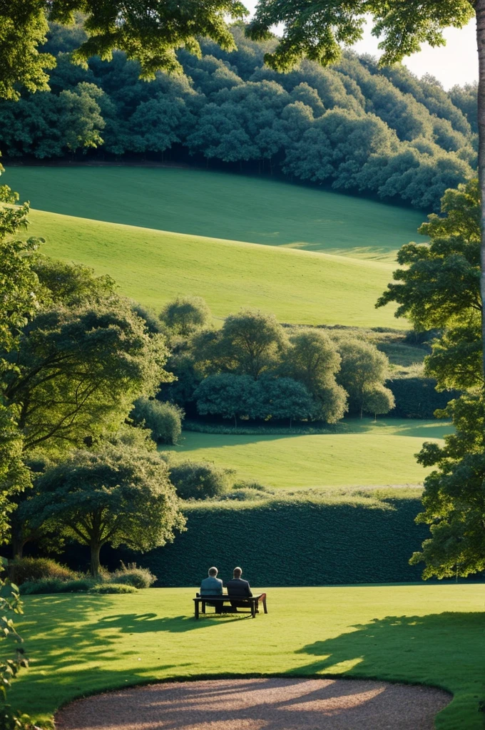 Psychotherapy, two people talking, peace , harmony, green landscape.