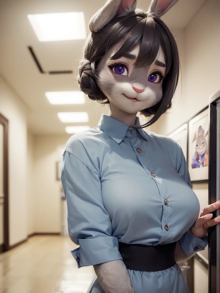 Highest quality,
masterpiece,
Ultra-realistic,
Super detailed,
Beautiful details,
4K,8K,upper,
pixar,
Photo realistic,
Medium Shot,
Background is hospital,
Realistic lighting,
((Anthropomorphic rabbit)),
Detailed animals,
Complex patterns,
(Furry:1.35),
(All skin is grey:1.35),
(The body is fluffy and bushy:1.2),
Realistic fur,
Human hand,
(Judy Hopps face:1.35),
((Single bun hairstyle)),
((side part bangs)), bangs,
hair color is dark gray,
Purple eyes,
{Eye highlights, Clear eyes, Eyes sparkling, Large, round pupils},
Detailed Iris,
(Eyebrows raised:1.2),
(Crescent eyebrows:1.3),
(Bunny ears:1.3),
smile,
Angel smile,
innocent smile,
raised corners of mouth,
The woman is wearing nurse uniform,
cyan blue nurse uniform,
(alone:1.5),
(1. Female:1.5),
Only 1 character,
Perfect Anatomy,
lighting forward,
Lighting front,
Intricate details,
Ray Tracing,
Realistic,