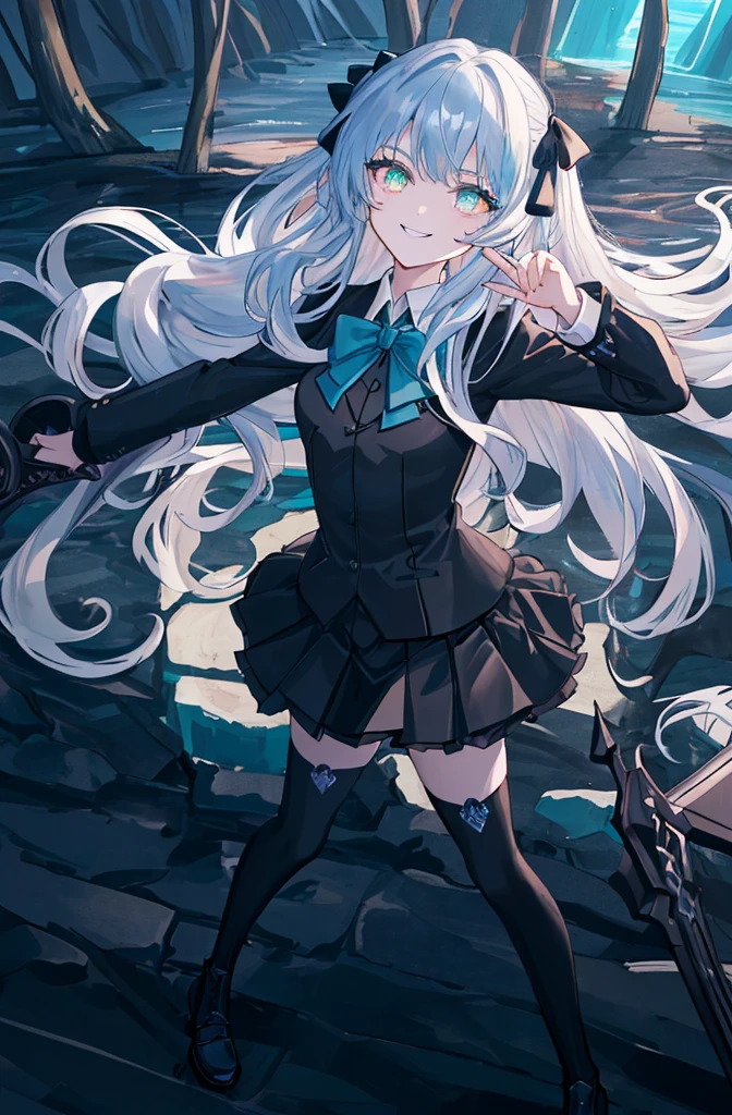 deep cave background,original,(illustration:1.1),(best quality),(masterpiece:1.1),(extremely detailed CG unity 8k wallpaper:1.1), (colorful:0.9),(mid shot:0.95),(highly detailed beautiful face and body),(solo:1.2), (girl),(((adult))), (detailed beautiful eyes:1.15), (beautiful face:1.15), (glowing green eyes:1.25////),((jewel-like eyes)),(petite),(cute girl),(((blue long hair))),((blue long hair)),(wavy hair),((wavy hair)),(+perfect hand+:1.21),(gothic school uniform),(Religious),(slender),(black clothes),(gothic ribbon),ribbon tie,small breasts,miniskirt,gothic boots,black thighhighs,slim body,(evil smile),detailed background,eluding,erotic thighs,((look up to)),((stand ready for enemy attack)),deep in the cave,angle from slightly above,