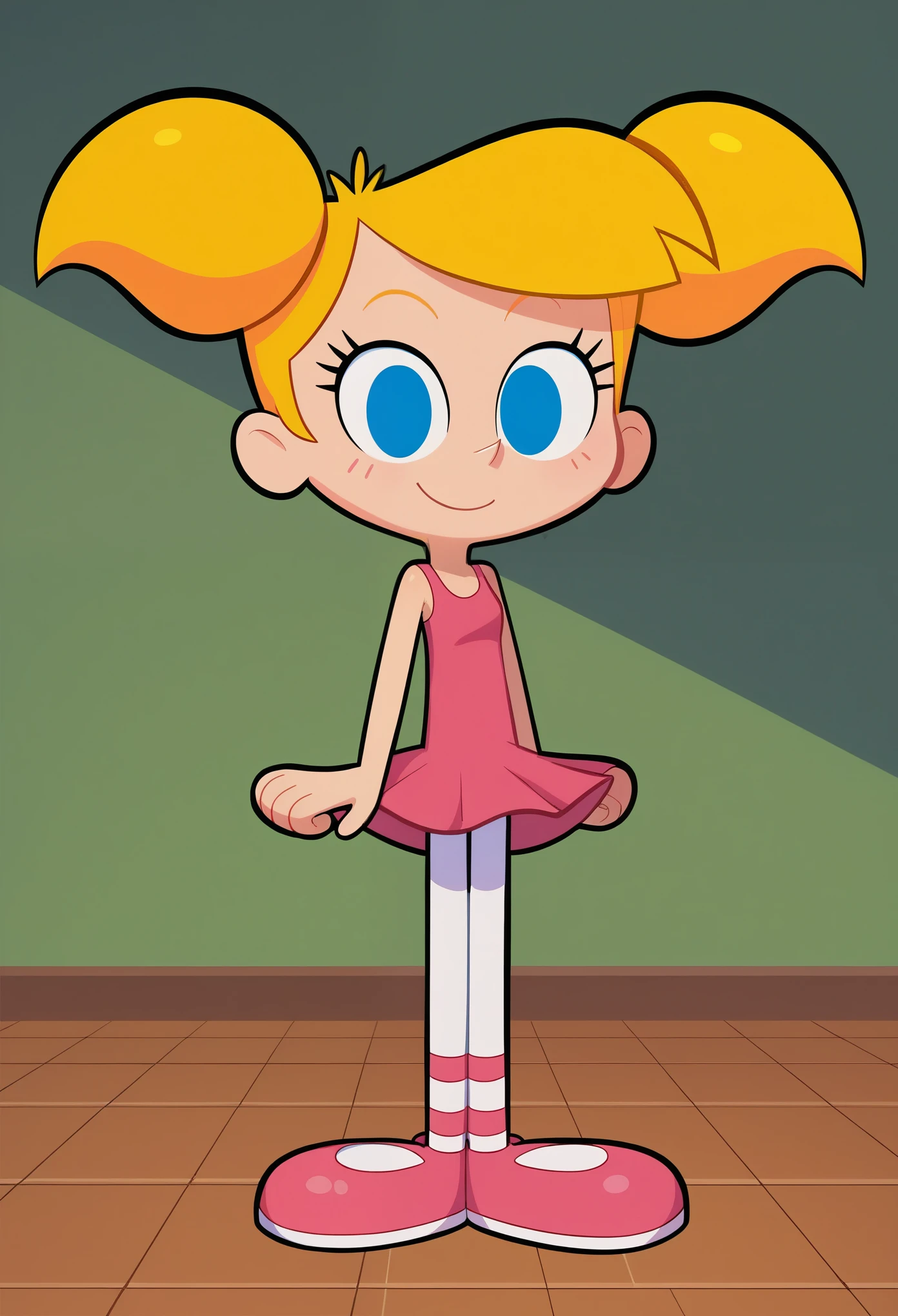score_8, score_9, 1girl, dee dee, blonde hair, short twintails, blue eyes, ballet dress, ballet shoes