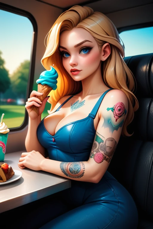 tall woman(blue eyes; long wavy blonde hair; big breasts; pale skin tone; glowing LED tattoos; soft-features), Disney-style cgi, working in an ice cream food van at the park; selling ice cream; futuristic; dystopian; cyberpunk; best quality; trending on artstation; complex volumetric lighting; in the park; sunny day; holding an ice cream; food van window.