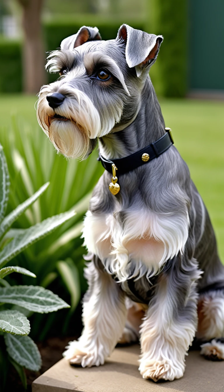 There is no one, realistic photo, photo realism, realism, miniature schnauzer (Miniature Schnauzer), perfect composition, intricate details, Very sharp, masterpiece, profile, high resolution, looking at the viewer, Full body photo in garden background