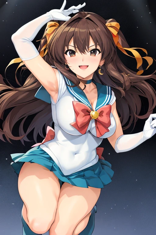 masterpiece, high definition, best quality, rendered art, well formed hands, fingers and body, 1 woman, solo, Haruhi Suzumiya, hair ribbon, adult, grown up, wearing Sailor Moon's outfit, big breasted, cleavage, full body, sexy sailor senshi uniform, short blue skirt, red boots, gorgeous hips, legs and thighs, white elbow gloves, sailor collar, tiara, earrings,fighting in a combat match, showing her fighting skills, making her guard, about to hit the viewer, looking at the viewer, sweating, bouncing breasts, smiling joyfully and brightly, being confident and proud, action and fighting scene, martial arts arena with beach environment