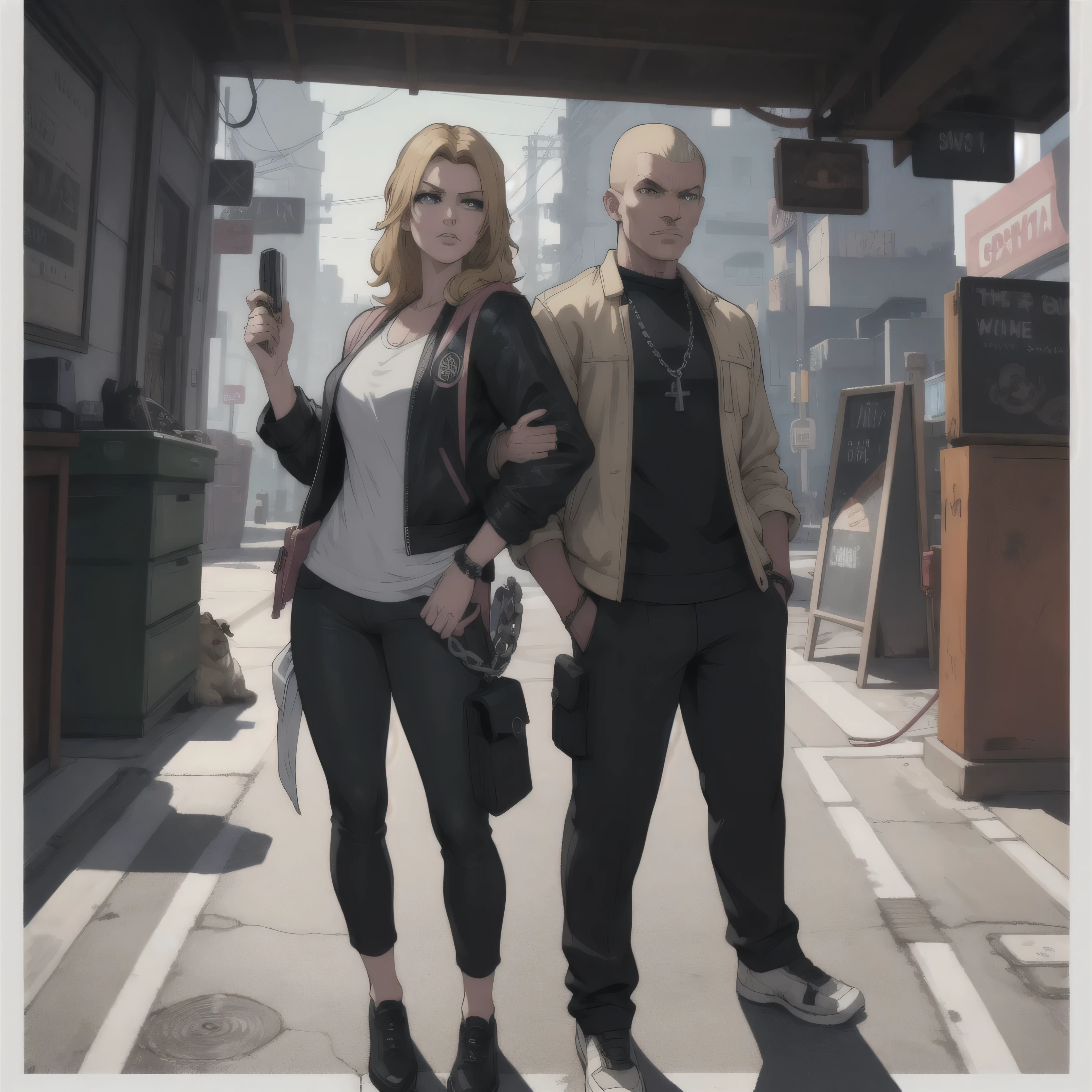 GTAV Loading Screen 2D Graphics, wide angle, whole body, blonde girl standing , holding an ametry and a pitbull on a leash chain, GTA5 character, cinematographic composition, in front of a city, shadow, bright cinematic lighting, soft contrast, GTA5 loading screen, gta art, 4K Wallpaper, 4K Wallpaper, 4K Wallpaper de alta calidad, gta loading screen graphics, art the fan, art of rockstar games