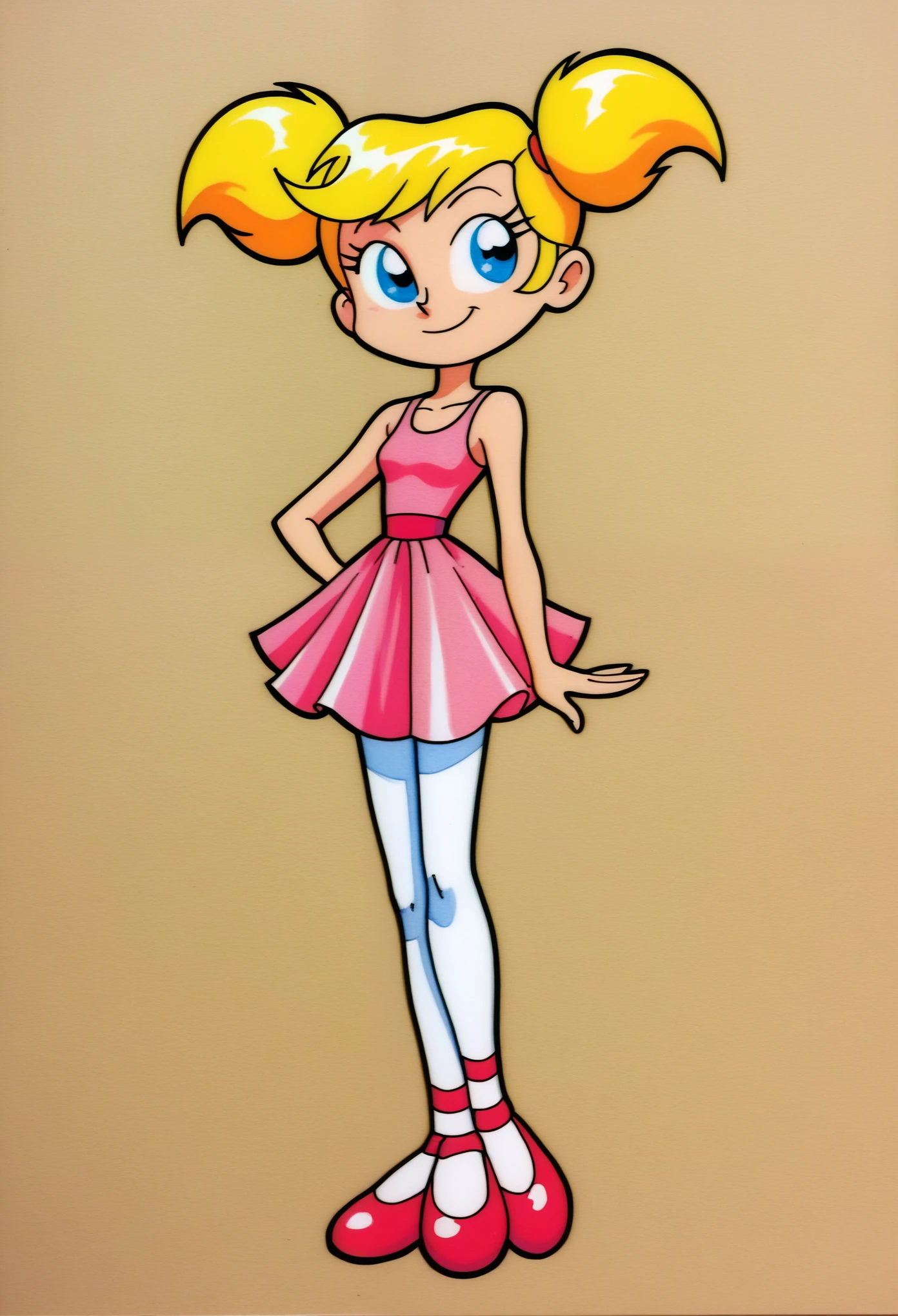 score_8, score_9, traditional media, retro artstyle, 2D, 1girl, dee dee, blonde hair, short twintails, blue eyes, ballet dress, ballet shoes