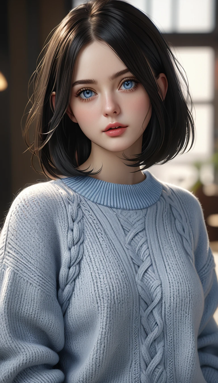 (masterpiece:1.3), (8K, Realistic, RAW Photos, Highest quality: 1.4), (One Girl), Beautiful Face, (Realistic Face), (Black Hair, Long Bob:1.3), Beautiful Hairstyles, Realistic eyes, Pale blue eyes, Beautiful details, (Realistic Skin), Beautiful Skin, (sweater), 赤い色のsweater, Absurd, charm, Ultra-high resolution, Ultra-realistic, 