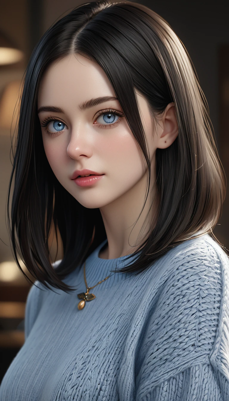 (masterpiece:1.3), (8K, Realistic, RAW Photos, Highest quality: 1.4), (One Girl), Beautiful Face, (Realistic Face), (Black Hair, Long Bob:1.3), Beautiful Hairstyles, Realistic eyes, Pale blue eyes, Beautiful details, (Realistic Skin), Beautiful Skin, (sweater), 赤い色のsweater, Absurd, charm, Ultra-high resolution, Ultra-realistic, 