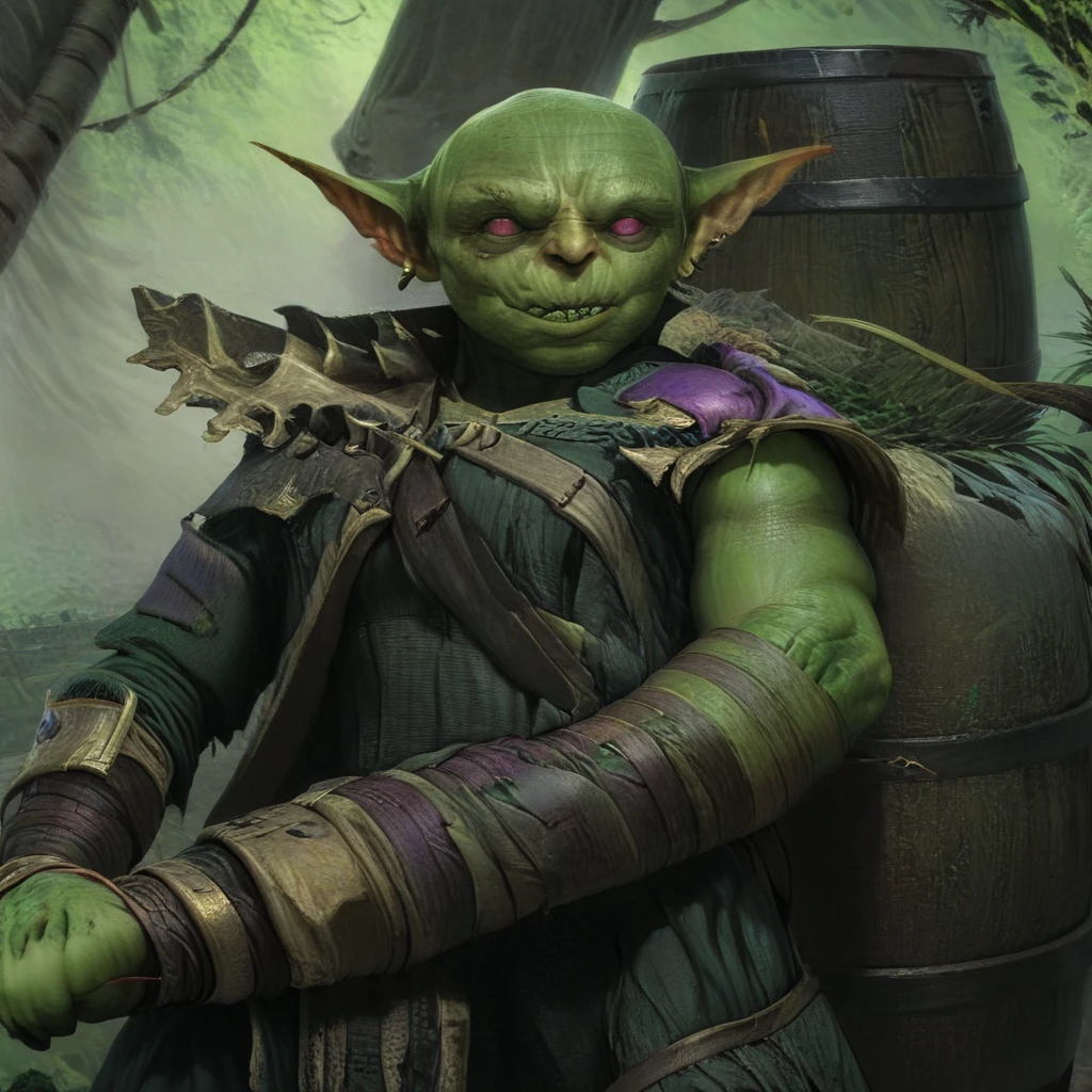 a male goblin, green skin, bald, frowning, scar on the face, purple left iris, heterochromatic eyes, stocky body 1.40 meters tall (scenery)forest a carriage with barrels, , full body image, cinematic lighting, 8k, hyper realistic, masterpiece, fantasy art