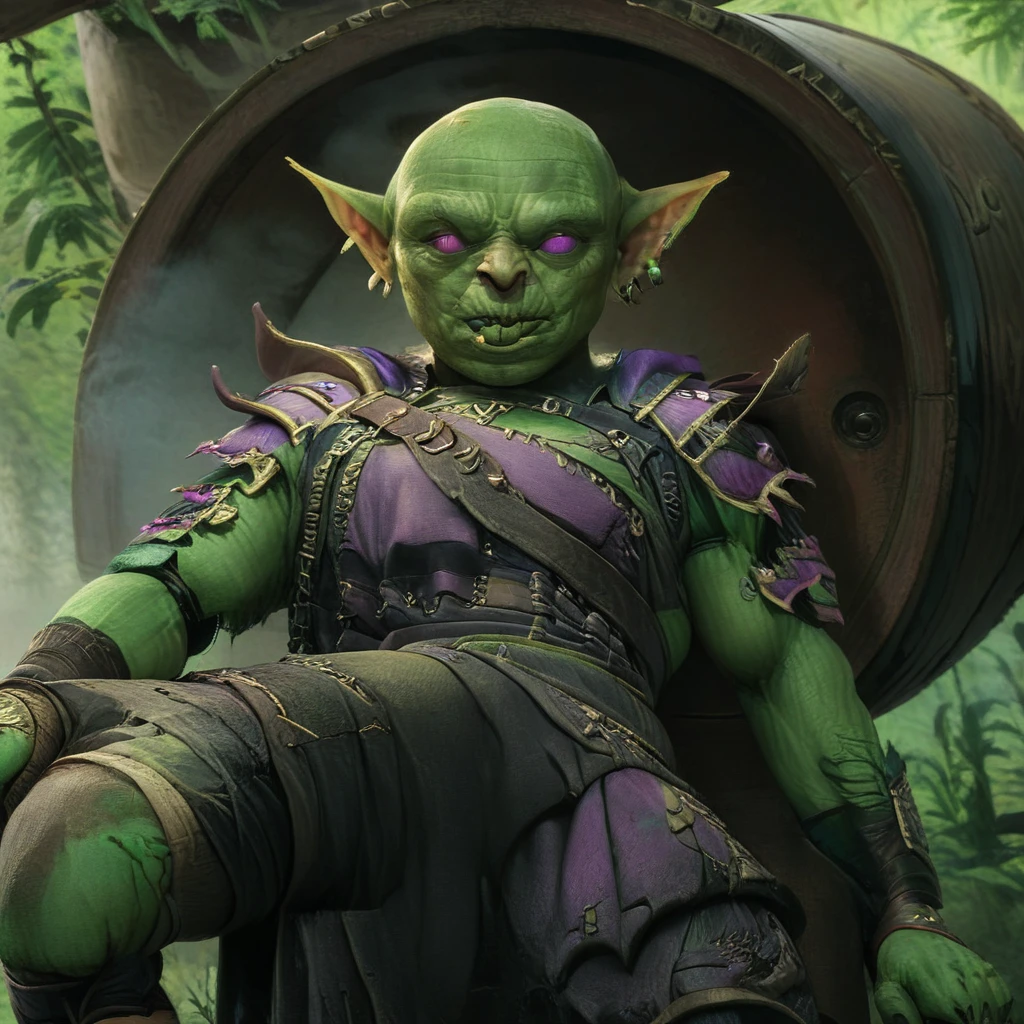 a male goblin, green skin, bald, frowning, scar on the face, purple left iris, heterochromatic eyes, stocky body 1.40 meters tall (scenery)forest a carriage with barrels, , full body image, cinematic lighting, 8k, hyper realistic, masterpiece, fantasy art