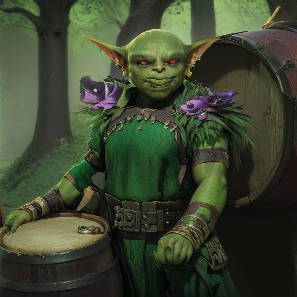 a male goblin, green skin, bald, frowning, scar on the face, purple left iris, heterochromatic eyes, stocky body 1.40 meters tall (scenery)forest a carriage with barrels, , full body image, cinematic lighting, 8k, hyper realistic, masterpiece, fantasy art