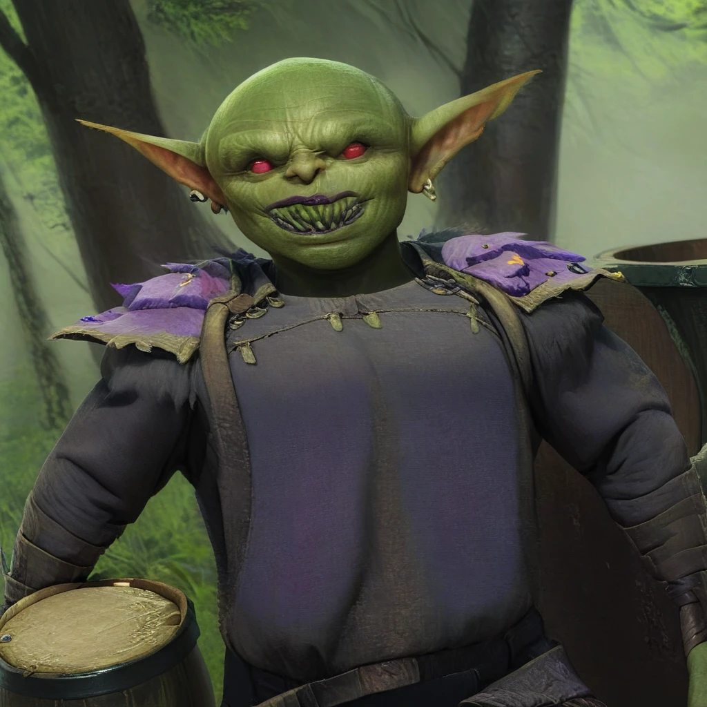 a male goblin, green skin, bald, frowning, scar on the face, purple left iris, heterochromatic eyes, stocky body 1.40 meters tall (scenery)forest a carriage with barrels, , full body image, cinematic lighting, 8k, hyper realistic, masterpiece, fantasy art