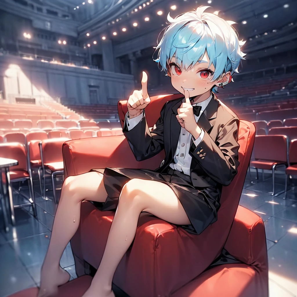 (solo:2.5), (boldline:-1.7), (put index finger on mouth:1.5), (((musical note))), (sitting on red chair:1.5), (((fang))), (((best finger))), BREAK (best quality:1.5), (absolutely resolution:1.5), (ultra detailed:1.5), (masterpiece:1.5), (perfect face), (detailed face), (detailed eyes), (best eyes), (cute face), (shota:2), BREAK (tuxedo:1.5), (skinny:1.3), (spiked hair), BREAK (light blue hair:1.5), (wine red eyes:1.4), (eyes with highlight:1.6), ((mole under eye)), (sweaty skin), (grin:1.5), ((earrings)), (shiny skin:1.3), BREAK (concert hall:1.5), (spot light:1.3), (at concert), ((wind blowing)), frow below,