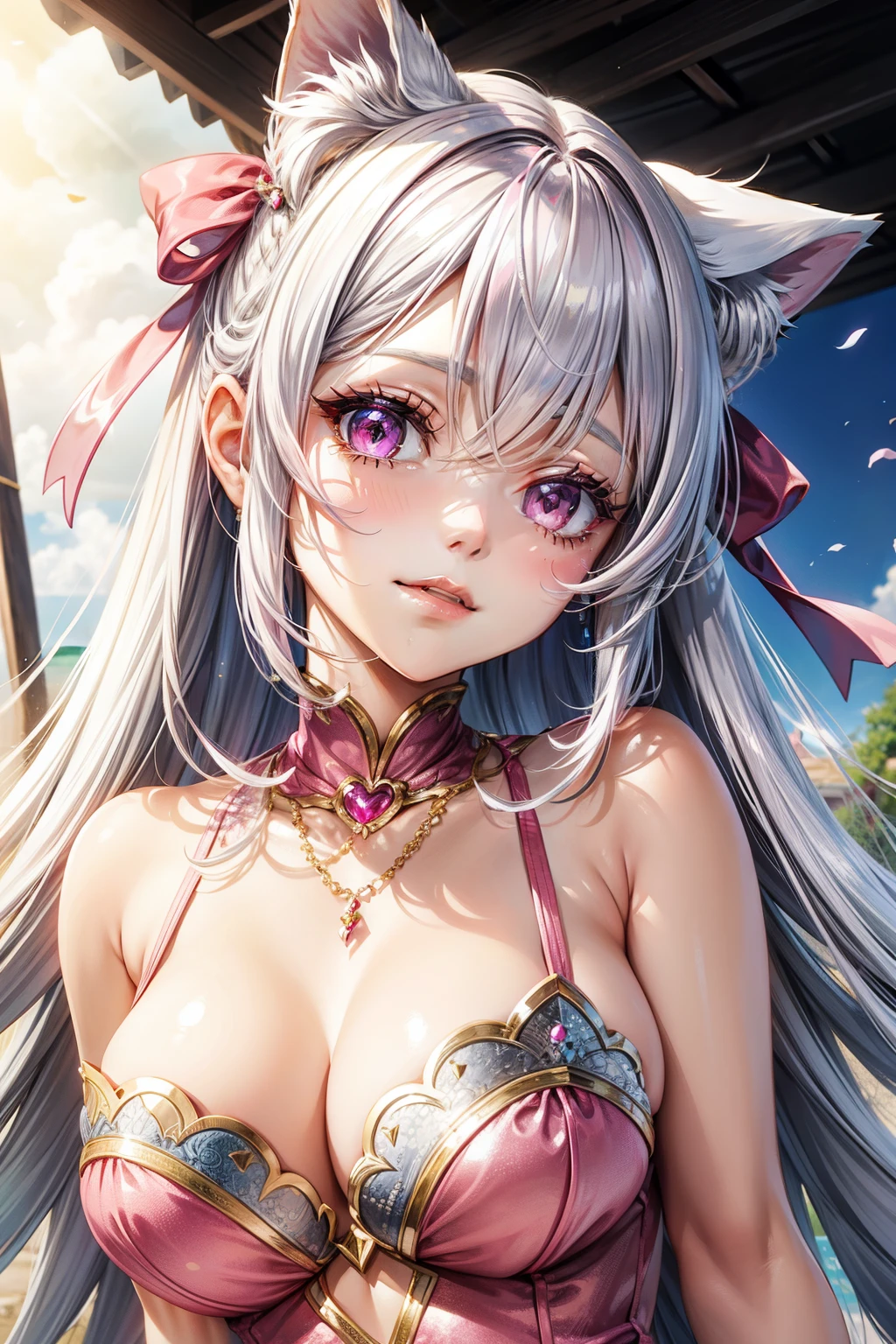 Silver hair, pink eyes, woman, sun background, pink red gold clothes, hair bows, happy face, mermaid outfit, sexy, cat ears, fairy princess 