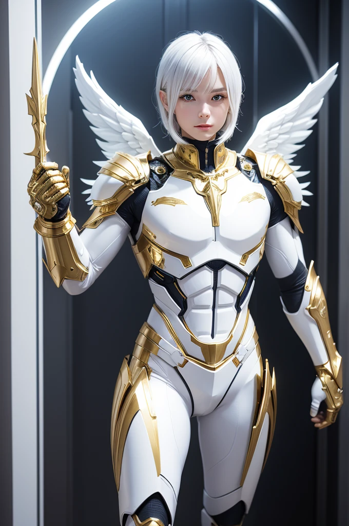 create an angelic place a white cyborg angel with gold his armor from the future
